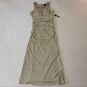 NWT R&M Richards Metallic Champagne Formal  Dress / Gown Halter Beaded Neckline
